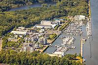 Aerial view, Marina Rünthe marina on the Datteln-Hamm Canal, boats, charter boats, harbor, inland port, Rünthe, Bergkamen, Ruhr region, North Rhine-Westphalia, Germany, birds-eyes view, aerial photography, aerial photography, overview, bird's eye view, in [IBR113322357]