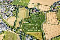 Aerial view, corn maze Hof Hinter, agriculture, Bergkamen-Süd, Bergkamen, Ruhr region, North Rhine-Westphalia, Germany, birds-eyes view, aerial photography, aerial photography, overview, bird's eye view, infrastructure, town view, aerial [IBR113322362]
