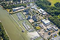 Aerial view, Marina Rünthe marina on the Datteln-Hamm Canal, boats, charter boats, harbor, inland port, Rünthe, Bergkamen, Ruhr region, North Rhine-Westphalia, Germany, birds-eyes view, aerial photography, aerial photography, overview, bird's eye view, in [IBR113322364]