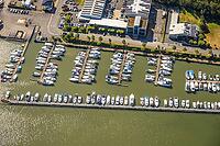 Aerial view, Marina Rünthe marina on the Datteln-Hamm Canal, boats, charter boats, harbor, inland port, Rünthe, Bergkamen, Ruhr region, North Rhine-Westphalia, Germany, birds-eyes view, aerial photography, aerial photography, overview, bird's eye view, in [IBR113322369]