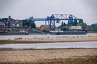 Rhine near Emmerich, extreme low water, Rhine level at 5 cm, downward trend, cargo ships sometimes have to travel with only 30 percent of the usual load, container terminal, port, the Contargo Rhine-Waal-Lippe in Emmerich North Rhine-Westphalia, Germany [IBR113322400]