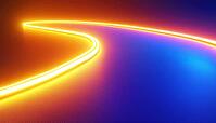 Neon As Speed: Effects Of Turning, Twisting, And Bending Light. Abstract Art In Blue, Yellow, And Orange Neon In Zigzag Form, AI generated [IBR125211470]