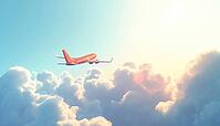 Stunning View Of Commercial Airplane Soaring Through Dramatic Clouds In The Glowing Sunlight, Signifying Travel And Adventure, AI generated [IBR125211493]