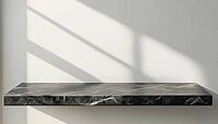 Empty Shelves Of Natural Stone And Cement Wall With Empty Black Marble Table Top And Black Cement - A Modern Display Space, AI generated [IBR125211507]