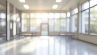 Stunning Blurred Views Of A Bright Classroom And Study Room With Panoramic Windows And Gorgeous Lighting In An Empty School, AI generated [IBR125211545]