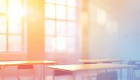 Beautifully Blurred Bright Classroom And Study Room With Panoramic Windows And Gorgeous Lighting. Empty School Classroom With Unoccupied Chairs And Tables, AI generated [IBR125211551]