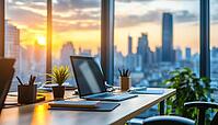 Blurry Image Of Contemporary Office Environment With Urban Skyline View From Tall Structure In City Center. Defocused Photograph Of Workspace, AI generated [IBR125229867]