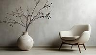 Chic Scandinavian Living Room Setup Featuring Er Armchair And Ceramic Vase With Dry Branch On Laminate Floor, Loft Wooden Wall With Modern Home Decor, AI generated [IBR125229875]