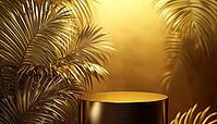 Luxury Stand For Brand Promotion: Golden Palm Leaves And Dark Empty Pedestal Exhibition Podium With Blank Mockup Space For Tropical Summer Decor And Advertisement, AI generated [IBR125229877]