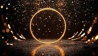 Gold Circle Frame With Ribbon Decoration And Glitter Light Effects On A Stage For Product Show: Exquisite Design For Showcasing Products Attractively, AI generated [IBR125229878]