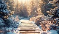 Scenic Winter Christmas Landscape With Snow-Covered Wooden Paths In Forest Of Blurred Fir-Trees Blanketed In Snow On Nature Background, AI generated [IBR125229880]