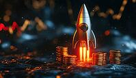 Advanced Data Analytics For Financial Growth: Digital Marketing Rocket Boosts Seo In Business Investment With Coin Stacks. Visual Render, AI generated [IBR125229883]