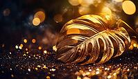 Tropical Gold Foliage: Golden Monstera Leaf On Shiny Glittering Surface For Stylish Christmas And New Year'S Eve Decor, AI generated [IBR125229884]