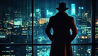 Sophisticated Mobster Gazing At The Cityscape Through A Window, Exuding Style And Mystery In The Urban Landscape, AI generated [IBR125229885]