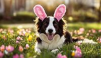 Energetic Border Collie Dog In Pink Easter Bunny Ears Enjoying Playtime Outdoors, Relaxing In A Bed Of Flowers, AI generated [IBR125229889]