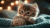 Adorable Kitten Having Fun With A Ball Of Yarn, Cute Kitty Enjoying Playtime With A Piece Of String, Playful Feline Entertained With Yarn, AI generated [IBR125229893]