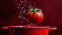 Tomato Being Dropped Into Pot, Capturing The Motion Of Food. Delicious Red Vegetable In Motion, Adding Flavor To The Dish, AI generated [IBR125229897]