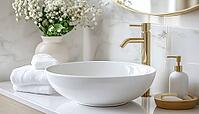 Inviting Bathroom With White Ceramic Sink And Stylish Gold Faucet Promotes Refreshing Morning Self-Care With Modern Aesthetic, AI generated [IBR125229898]