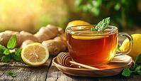 Ginger Tea With Honey And Lemon Served In A Cup On A Wooden Table - Perfect Drink For A Cozy Day, AI generated [IBR125229899]
