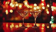 Luxury Cocktail Drink In Restaurant Bar: Two Martini Glasses With Red Bokeh. Classy Celebration Party For New Year, Christmas, Valentine, AI generated [IBR125229903]