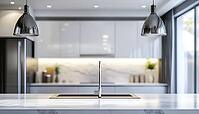 Blurred Image Of Contemporary Kitchen With Stylish Pendant Lights And White Marble Countertops. Focus On Modern Design Elements, AI generated [IBR125229909]