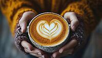Directly Above View Of A Cup Of Coffee Held By Woman'S Hands, With Heart-Shaped Foam. Vertical Image Capturing The Moment, AI generated [IBR125229911]