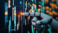 Artificial Intelligence Trading With Robot Trader: Using AI And Neural Networks For Automated Stock Market Trading, Hand Robot Pointing At Candlestick Graph On Phone Screen, AI generated [IBR125229912]