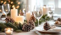Festive Scandinavian Christmas And New Year Table Setting With Rustic Handmade Decor In Natural And White Tones, Adorned With Pine Cones, Branches, And Candles, AI generated [IBR125229917]