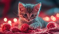 Adorable Kitten Having Fun With A Ball Of Yarn In A Playful Manner, Delighting In The Entertaining Activity, AI generated [IBR125229919]