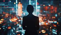 Young Business Person Explores The Intersection Of Graphical User Interface, Internet Of Things, And Information Communication Technology In Smart City Digital Transformation Through Abstract Image Visuals, AI generated [IBR125229926]