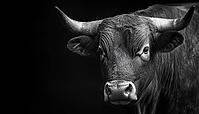 Majestic Portrait Of A Black And White Bull Captured In Stunning Detail And Grandeur, Showcasing Its Powerful Presence, AI generated [IBR125229927]