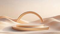 Surreal Desert Landscape With Metallic Podium Stand: Abstract Dune Cliff Sand And Glossy Metallic Arches In Geometric Scene Render, AI generated [IBR125229928]
