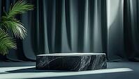 Black Stone Podium With Natural Light Casting Shadows On Curtain: A Rendering For Showcasing Cosmetics And Product Presentations, AI generated [IBR125229930]