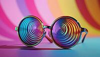 Trendy Sunglasses In Groovecarton: Retro Style Featuring Trippy Glass Patterns And Spirals, Inspired By 1970s Hippie Fashion, AI generated [IBR125229931]
