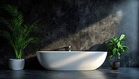 Luxurious Bathroom With Dark Marble Walls, Bathtub, Indoor Plants: Side View Mock-Up Rendering. Stylish And Contemporary Design With Elegant Elements, AI generated [IBR125229933]