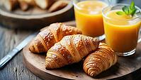 Delicious Morning Meal Featuring Croissants, Fresh Orange Juice, And Aromatic Coffee To Start Your Day With Energy And Flavor, AI generated [IBR125229934]