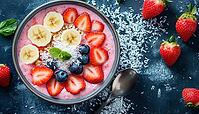 Luscious Strawberry And Banana Smoothie Bowl Topped With Coconut Flakes And Fresh Fruits For A Delicious And Refreshing Breakfast Option, AI generated [IBR125229938]