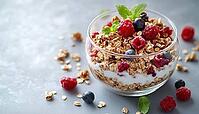 Crunchy White Oat Granola Muesli: A Delicious And Satisfying Breakfast Option That Combines Oats And Crunchy Muesli On A White Background. Perfectly Balanced Flavors, AI generated [IBR125229939]