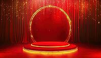 Luxurious Red Podium With Golden Curve And Glitter Light Effects, Creating A Realistic And Elegant Design. A Touch Of Luxury, AI generated [IBR125229940]