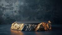 Stone And Rock Ore Shaped Base, With A Dark Exterior And Gold Foil Podium, Serving As A Pedestal For Brand Product Exhibition. Mockup Template Suitable For Advertisements, AI generated [IBR125229944]