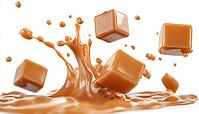 Delicious Floating Caramel Cubes On A White Background With A Velvety Melting Chocolate Caramel Splash. Luxury Dessert Concept, AI generated [IBR125229947]