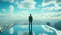 Entrepreneur Contemplating Success And The City Skyline While Standing On Glass Floor At Rooftop, AI generated [IBR125229952]
