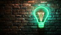 Neon Green Lamp With Light Bulb Icon On Brick Wall And Blank Area For Text. 3d Rendering Of Vibrant Wall Decor, AI generated [IBR125229954]