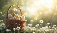 Easter Basket Overflowing With Eggs And Floating Daisies On A Green Background: A Stunning Visual Presentation Of Spring Beauty, AI generated [IBR125229956]
