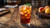 Refreshing Peach Ice Tea Served In A Glass On A Wooden Table: Choose Between Cuba Libre, Long Island Iced Tea, Or Other Fruity Cocktails, AI generated [IBR125229957]