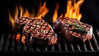 Grilled Beef Steaks With Fiery Flames: A Sizzling And Delicious Dish Cooked On The Barbecue, Perfect For A Summer Cookout, AI generated [IBR125229958]