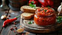 Delicious Ajvar Pepper Mousse Served On Bread Slices: A Delectable Combination Of Red Peppers, Onions, And Garlic In A Jar, AI generated [IBR125229961]