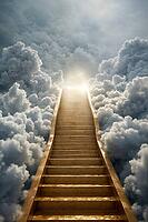 A golden stairway leading into a bright light and surrounded by clouds. Graphic asset. Religious overtones. Life after death. Symbol of enlightenment, AI generated [IBR125237517]