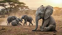 Four baby elephants at play in the dusty African savanna during golden hour, featuring one seated calf in the foreground and three interacting with branches behind, AI generated [IBR125237518]