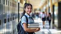 Young Asian high school student smiling at the camera in a school hallway. Carrying books and a book bag, AI generated [IBR125237519]